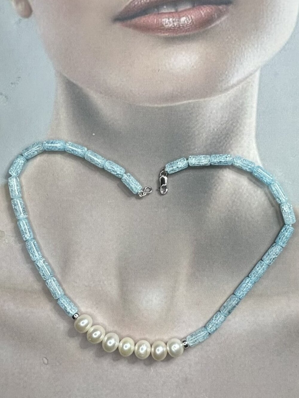 Crackle Quartz Cylinder Beads and Freshwater Pearls Necklace.